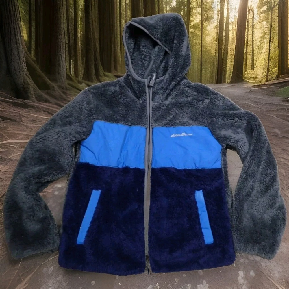 Eddie Bauer Fleece Jacket Kids Size S 7/8 Blue Gray Excellent Sherpa Hoodie